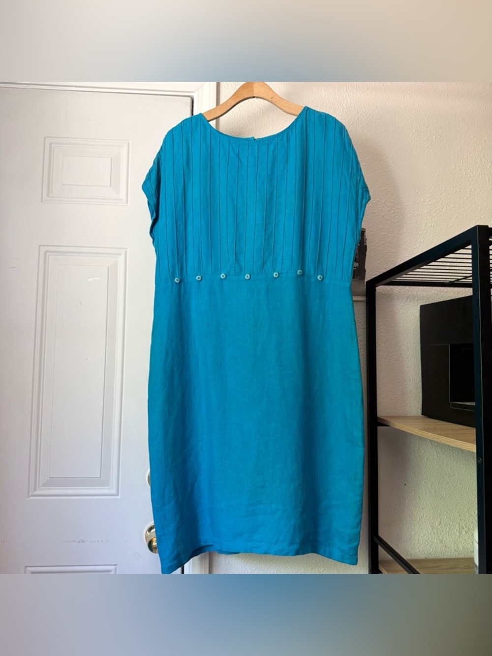 RUSS BERENS aqua teal blue linen pleated pin tucked sleeveless midi dress